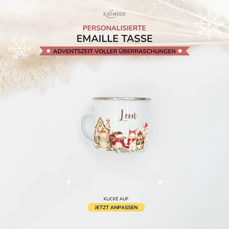 Emaille Tasse personalisiert Weihnachten - Tierfamilie Wald