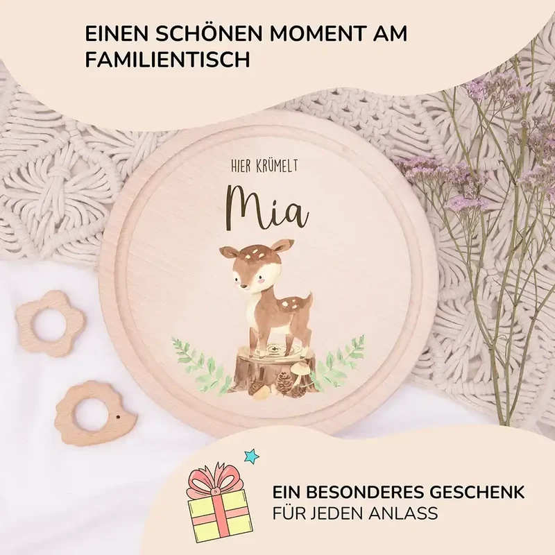 Rundes personalisiertes Frühstücksbrettchen Reh Waldtiere mit Namen für Kinder