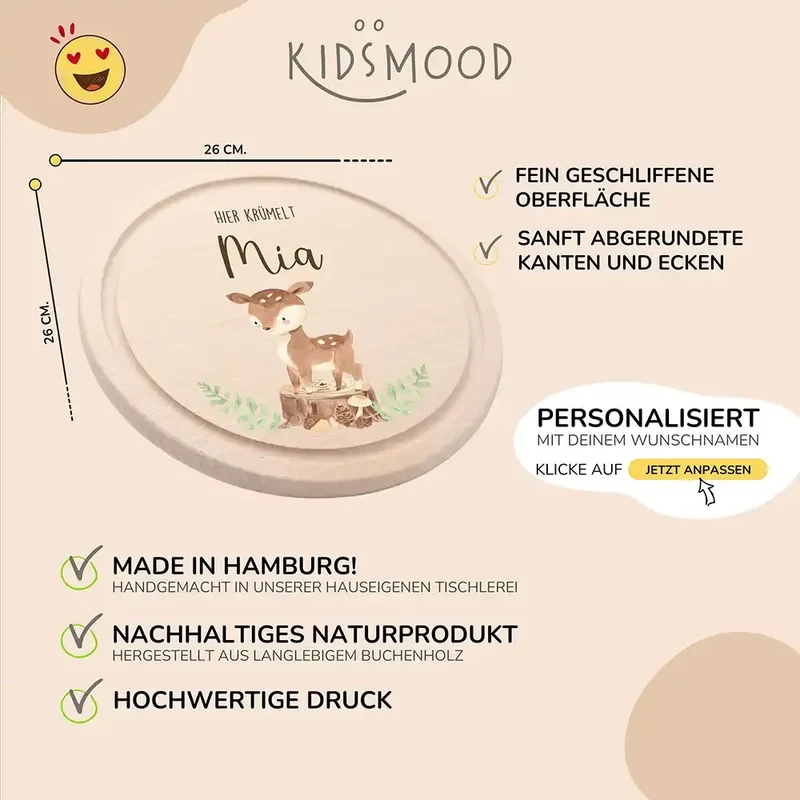 Rundes personalisiertes Frühstücksbrettchen Reh Waldtiere mit Namen für Kinder