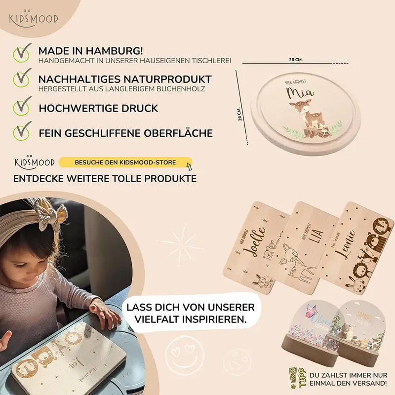 Rundes personalisiertes Frühstücksbrettchen Reh Waldtiere mit Namen für Kinder