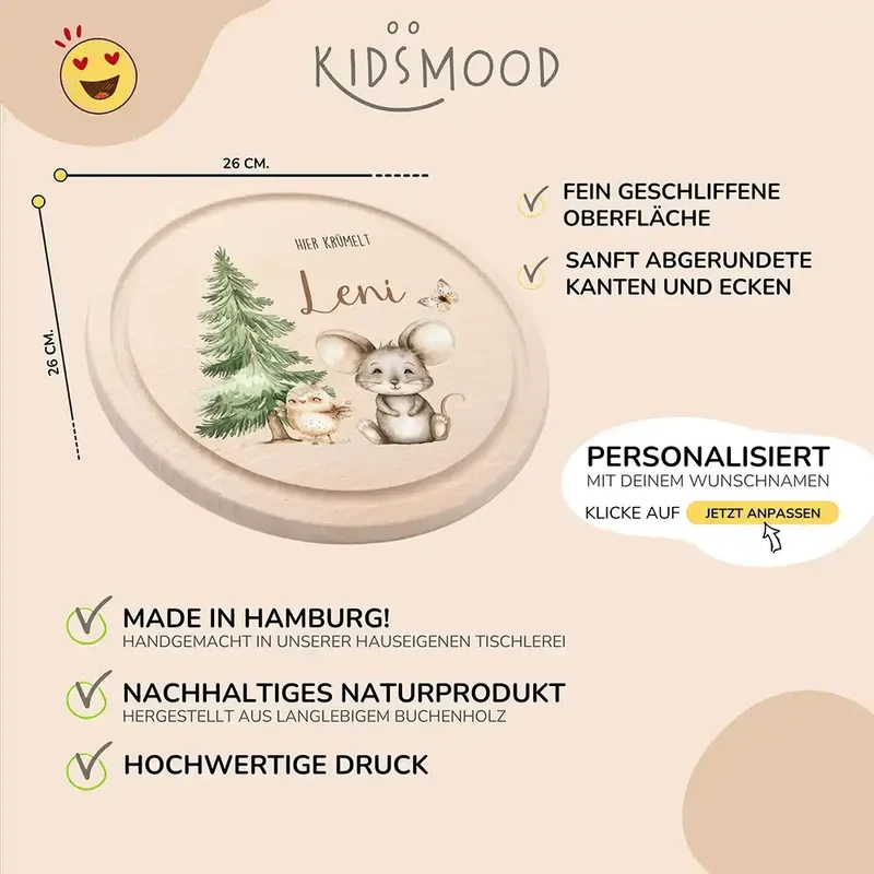 Rundes personalisiertes Frühstücksbrettchen Springmaus mit Namen für Kinder