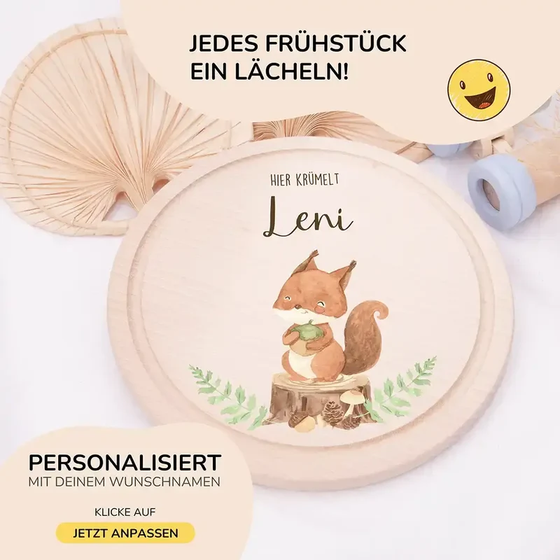 Rundes personalisiertes Frühstücksbrettchen Eichhörnchen mit Namen für Kinder