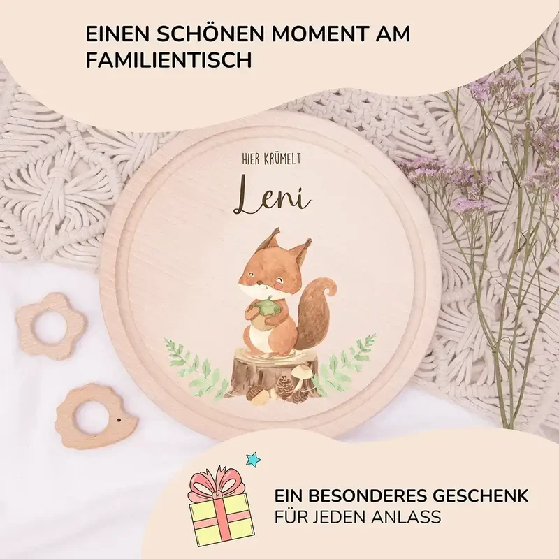Rundes personalisiertes Frühstücksbrettchen Eichhörnchen mit Namen für Kinder