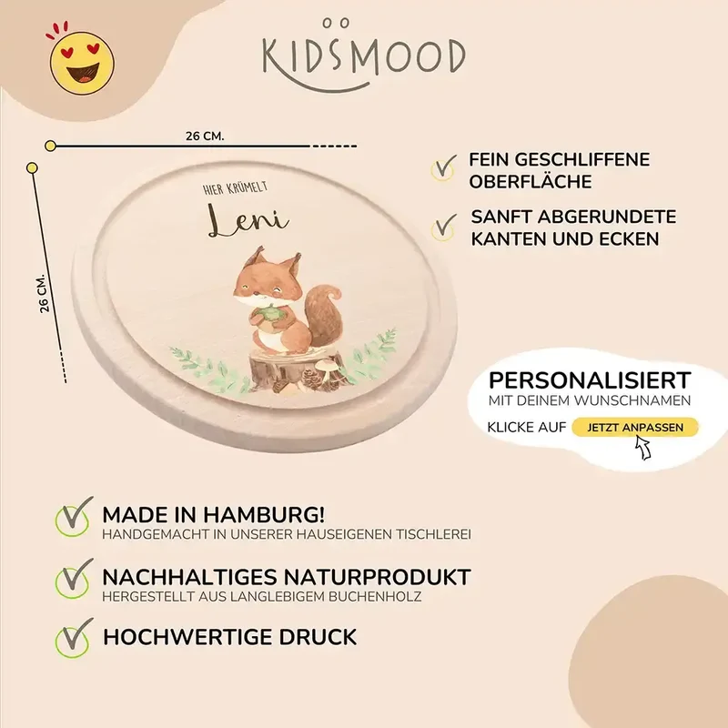 Rundes personalisiertes Frühstücksbrettchen Eichhörnchen mit Namen für Kinder