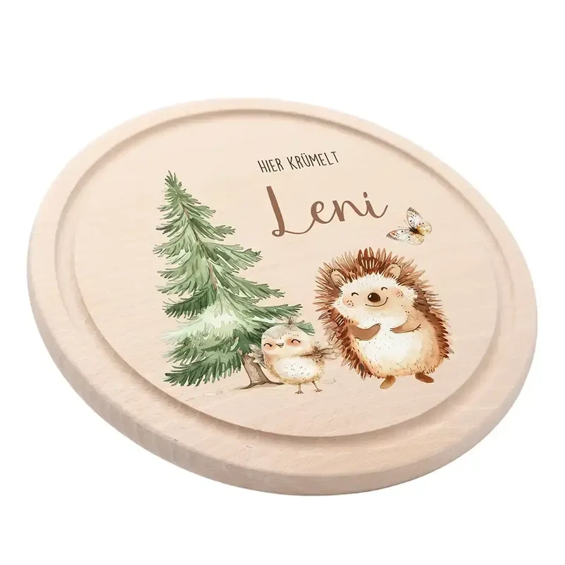 Rundes personalisiertes Frühstücksbrettchen Igel mit Namen für Kinder