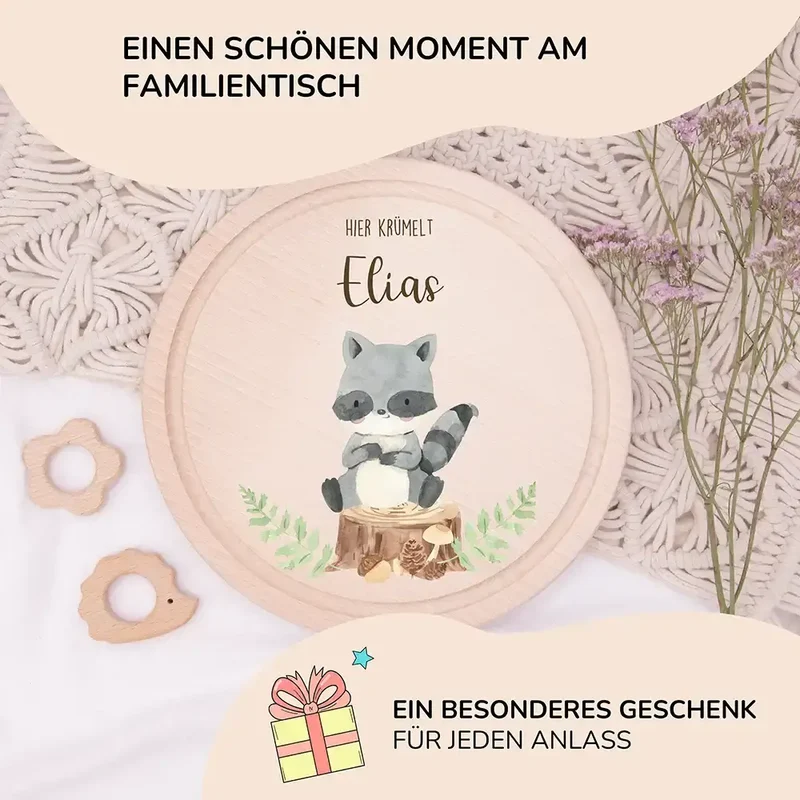 Rundes personalisiertes Frühstücksbrettchen Waschbär mit Namen für Kinder