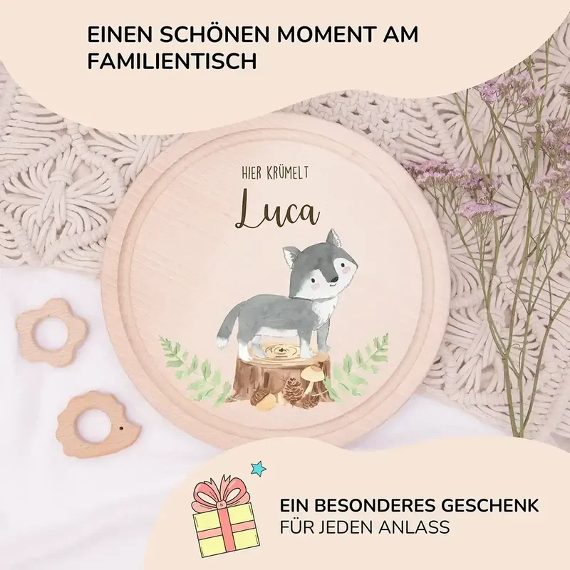 Rundes personalisiertes Frühstücksbrettchen Dachs mit Namen für Kinder