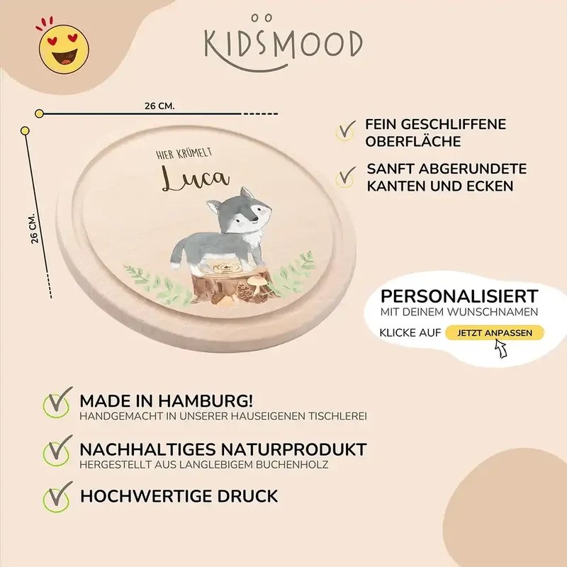 Rundes personalisiertes Frühstücksbrettchen Dachs mit Namen für Kinder
