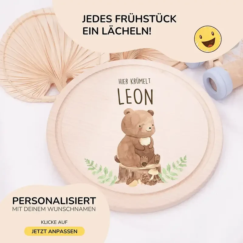 Rundes personalisiertes Frühstücksbrettchen Bär mit Namen für Kinder