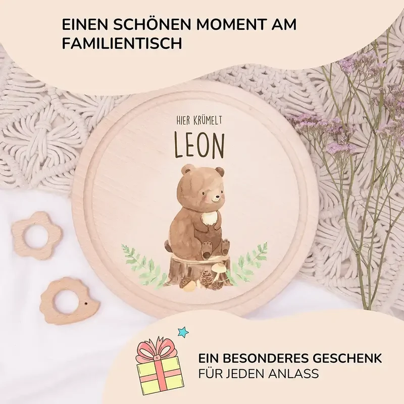 Rundes personalisiertes Frühstücksbrettchen Bär mit Namen für Kinder