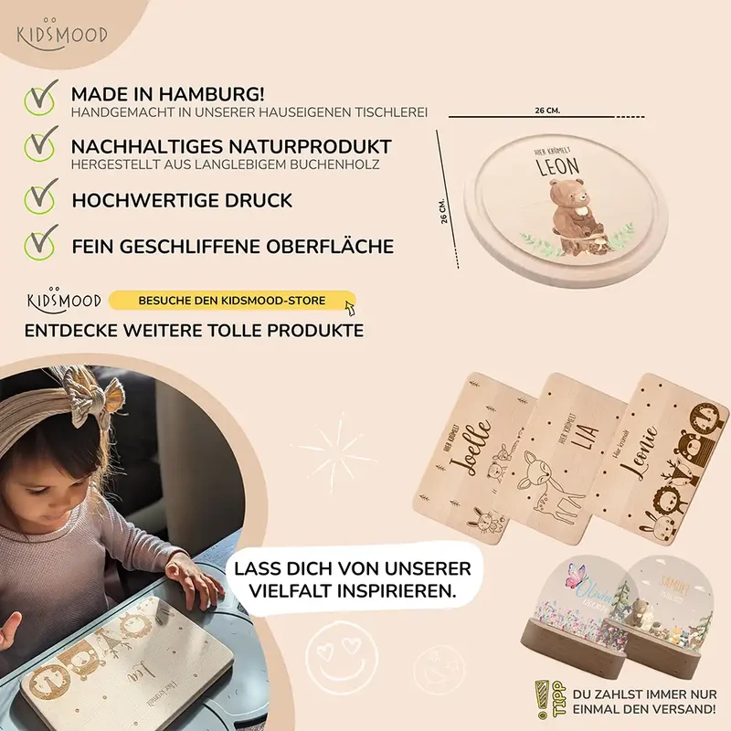 Rundes personalisiertes Frühstücksbrettchen Bär mit Namen für Kinder