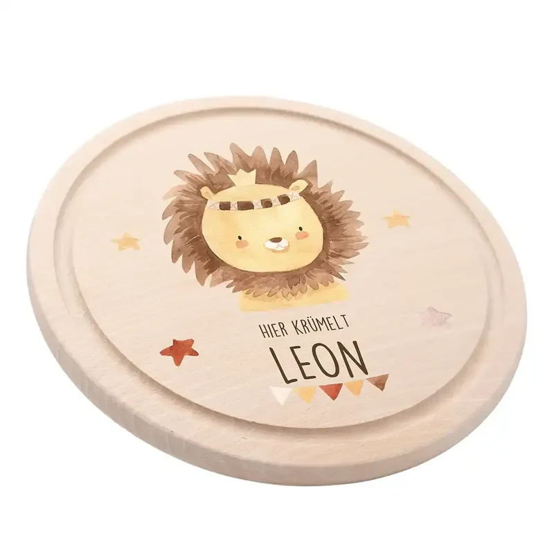 Rundes personalisiertes Frühstücksbrettchen Boho Löwe mit Namen für Kinder