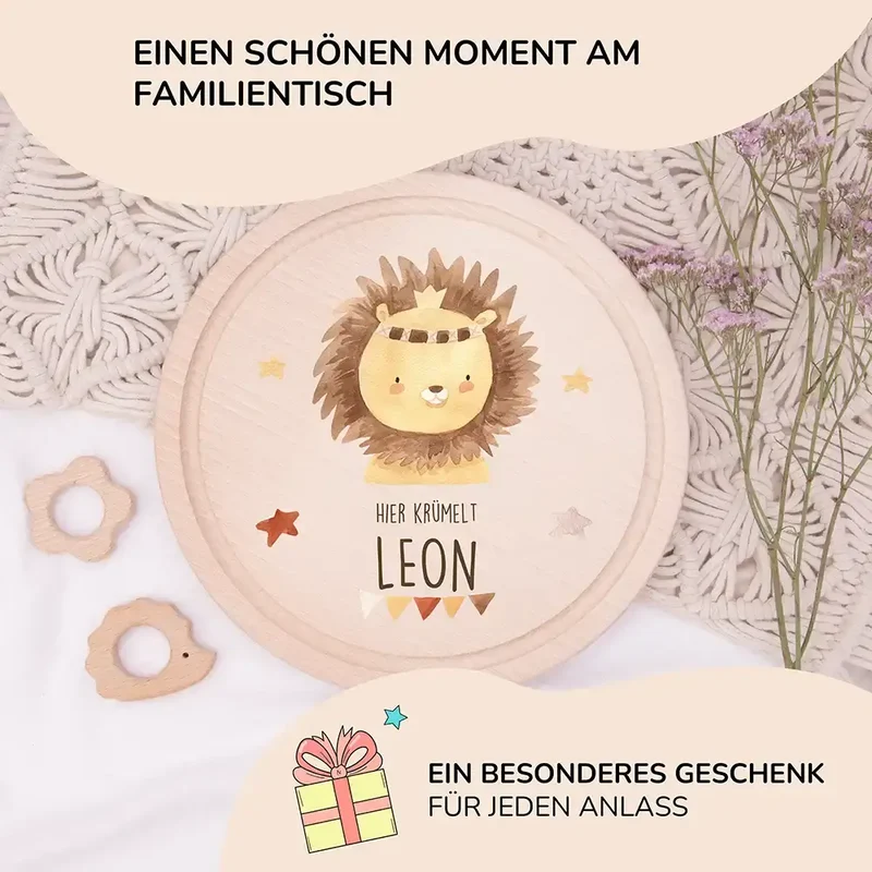 Rundes personalisiertes Frühstücksbrettchen Boho Löwe mit Namen für Kinder