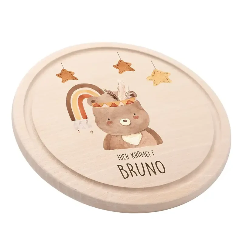 Rundes personalisiertes Frühstücksbrettchen Boho Bär mit Namen für Kinder