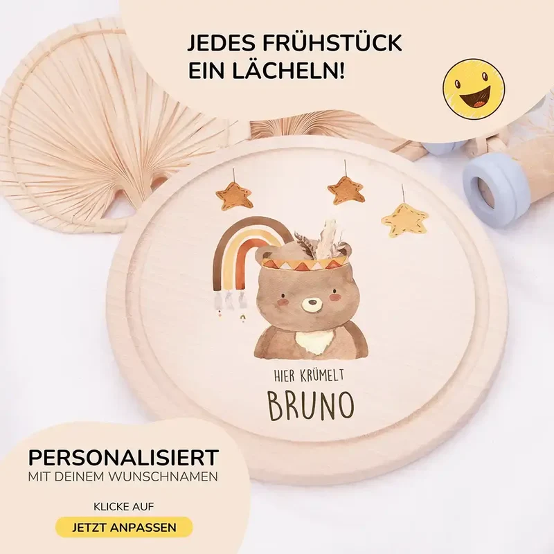 Rundes personalisiertes Frühstücksbrettchen Boho Bär mit Namen für Kinder