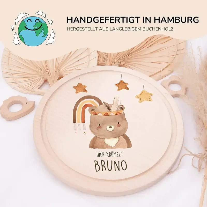 Rundes personalisiertes Frühstücksbrettchen Boho Bär mit Namen für Kinder