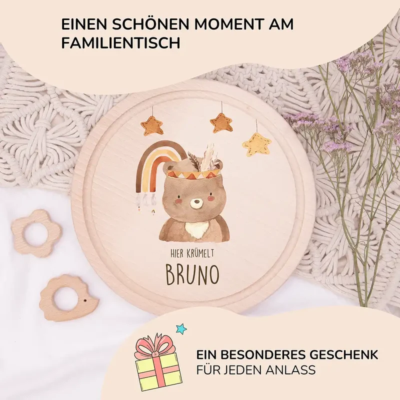Rundes personalisiertes Frühstücksbrettchen Boho Bär mit Namen für Kinder