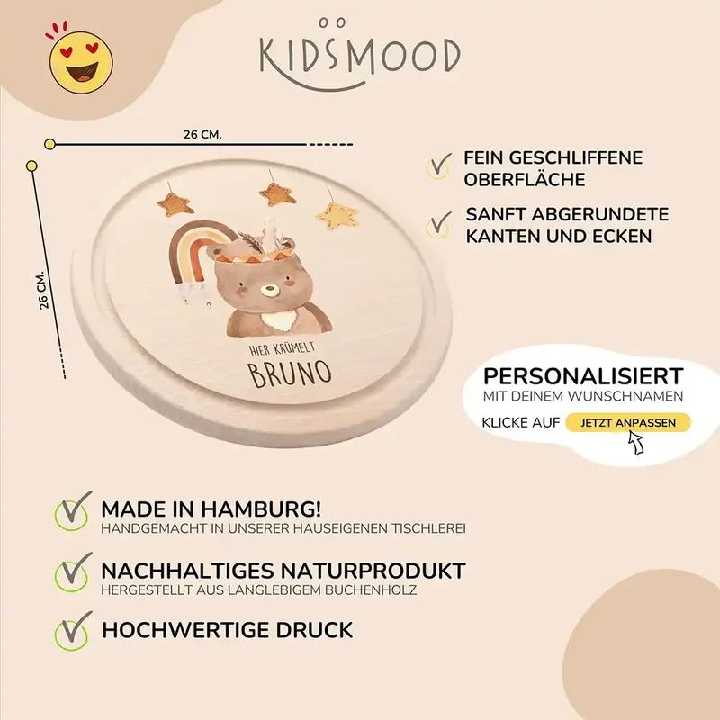 Rundes personalisiertes Frühstücksbrettchen Boho Bär mit Namen für Kinder
