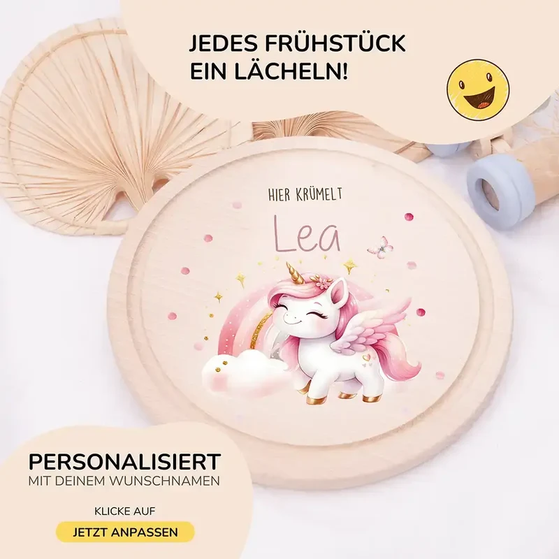 Rundes personalisiertes Frühstücksbrettchen Einhorn mit Namen für Kinder