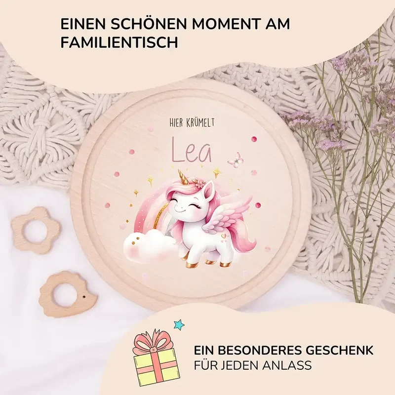 Rundes personalisiertes Frühstücksbrettchen Einhorn mit Namen für Kinder