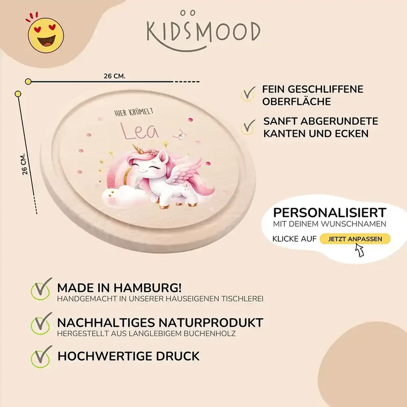 Rundes personalisiertes Frühstücksbrettchen Einhorn mit Namen für Kinder
