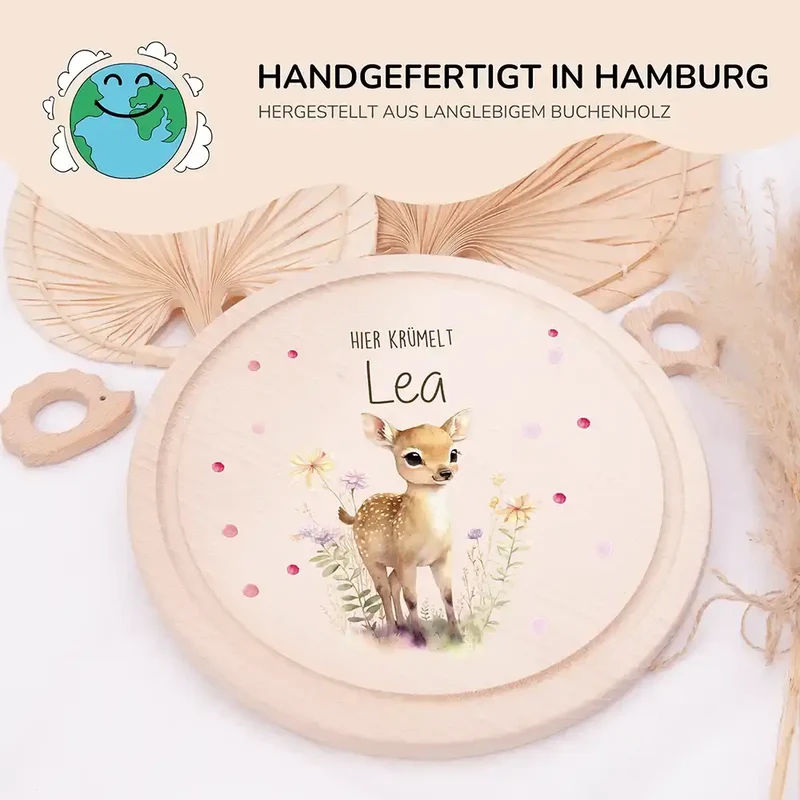Rundes personalisiertes Frühstücksbrettchen Reh mit Namen für Kinder