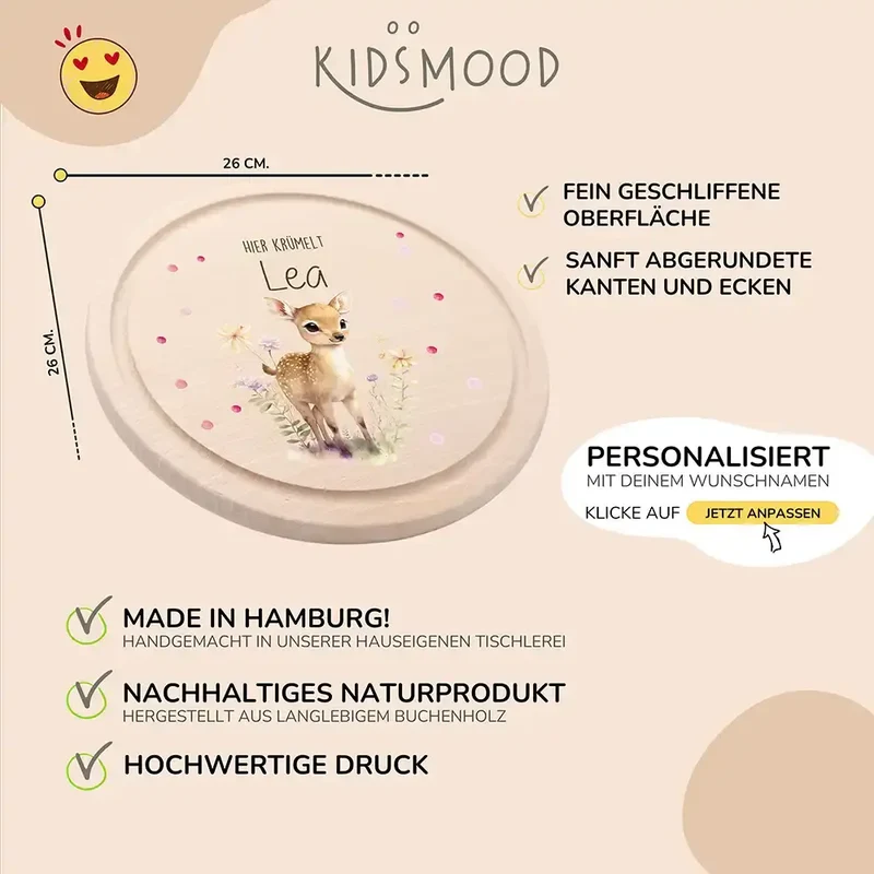 Rundes personalisiertes Frühstücksbrettchen Reh mit Namen für Kinder