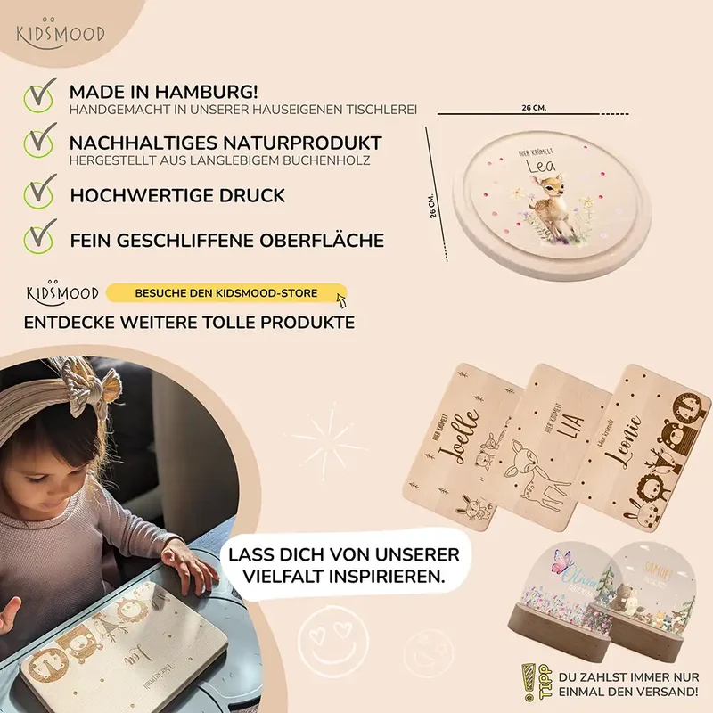 Rundes personalisiertes Frühstücksbrettchen Reh mit Namen für Kinder