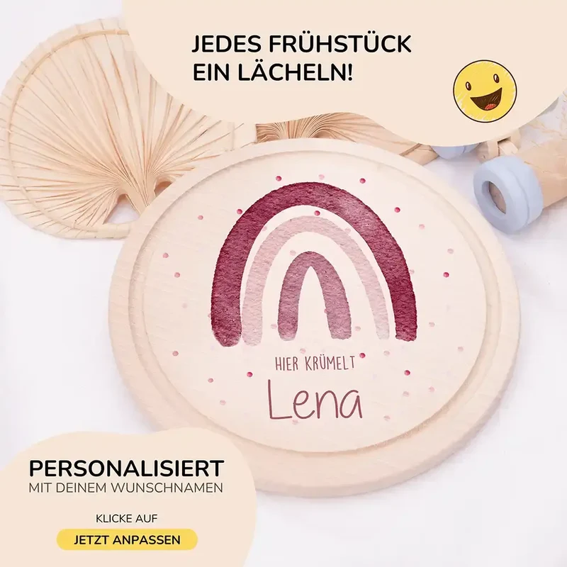 Rundes personalisiertes Frühstücksbrettchen Regenbogen mit Namen für Kinder