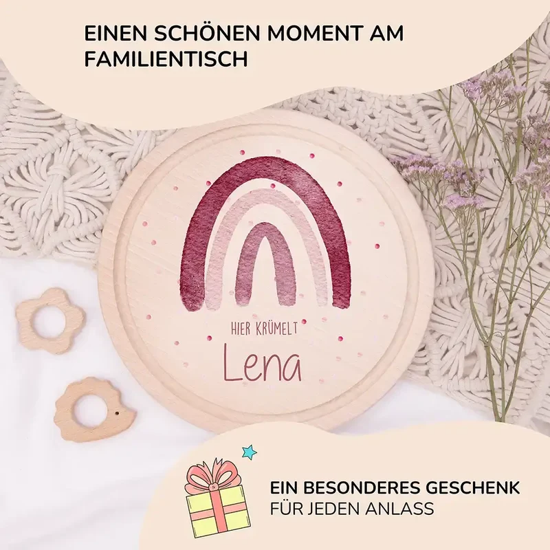 Rundes personalisiertes Frühstücksbrettchen Regenbogen mit Namen für Kinder