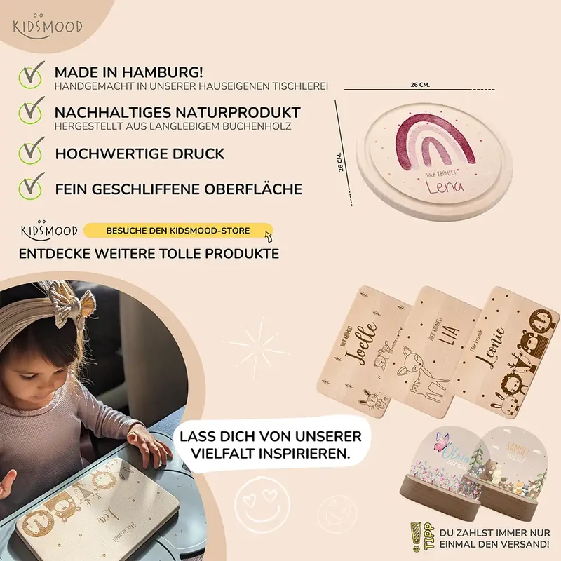 Rundes personalisiertes Frühstücksbrettchen Regenbogen mit Namen für Kinder