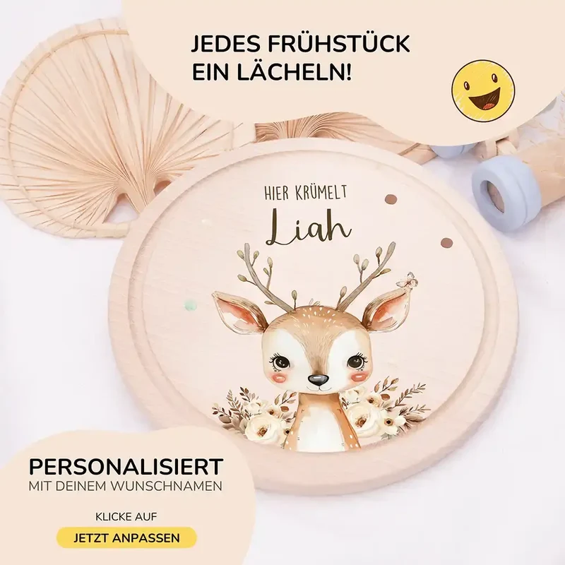 Rundes personalisiertes Frühstücksbrettchen Baby Reh mit Namen für Kinder