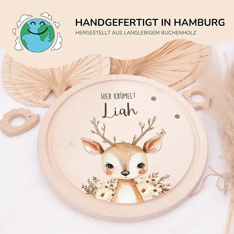 Rundes personalisiertes Frühstücksbrettchen Baby Reh mit Namen für Kinder