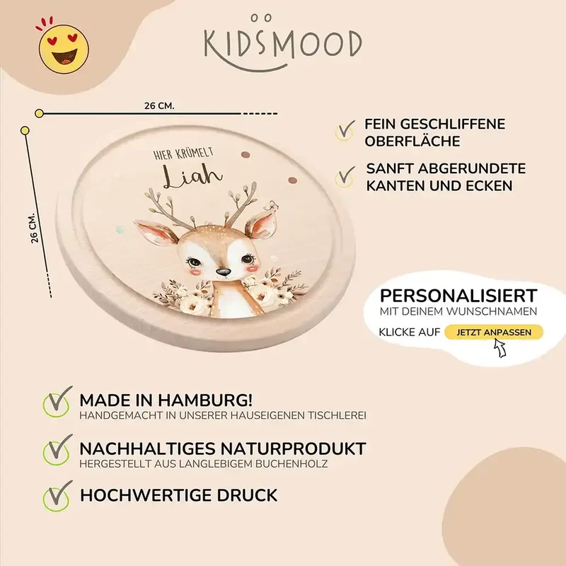 Rundes personalisiertes Frühstücksbrettchen Baby Reh mit Namen für Kinder