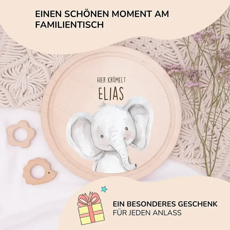 Rundes personalisiertes Frühstücksbrettchen Elefant mit Namen für Kinder