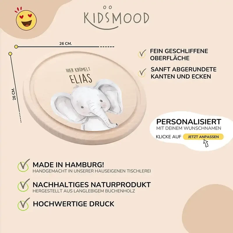 Rundes personalisiertes Frühstücksbrettchen Elefant mit Namen für Kinder