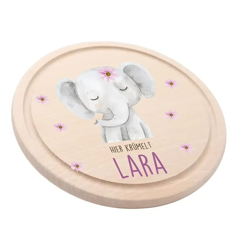 Rundes personalisiertes Frühstücksbrettchen Elefant Pünktchen mit Namen für Kinder