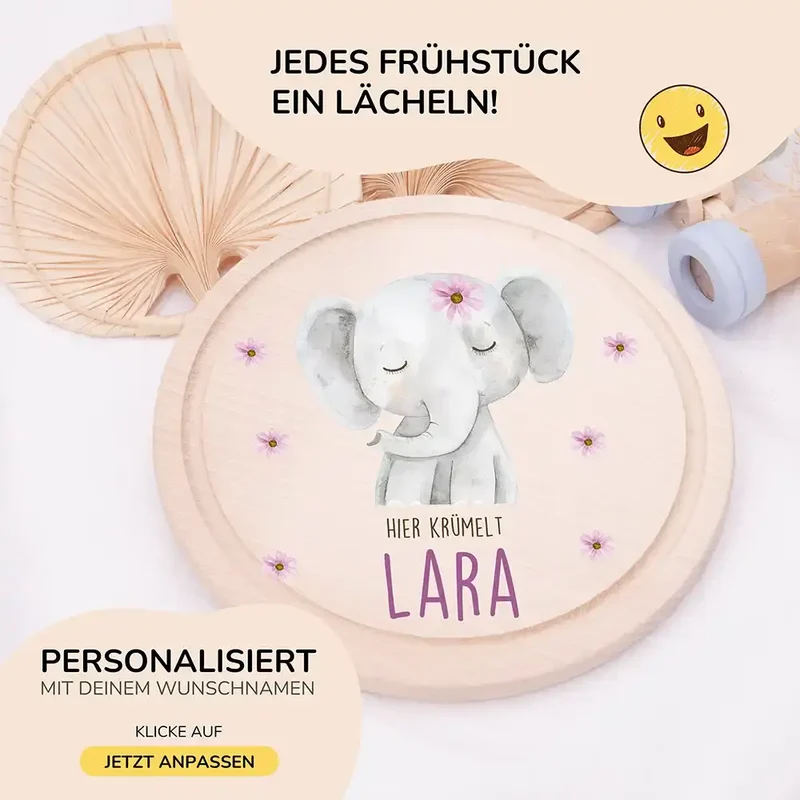 Rundes personalisiertes Frühstücksbrettchen Elefant Pünktchen mit Namen für Kinder