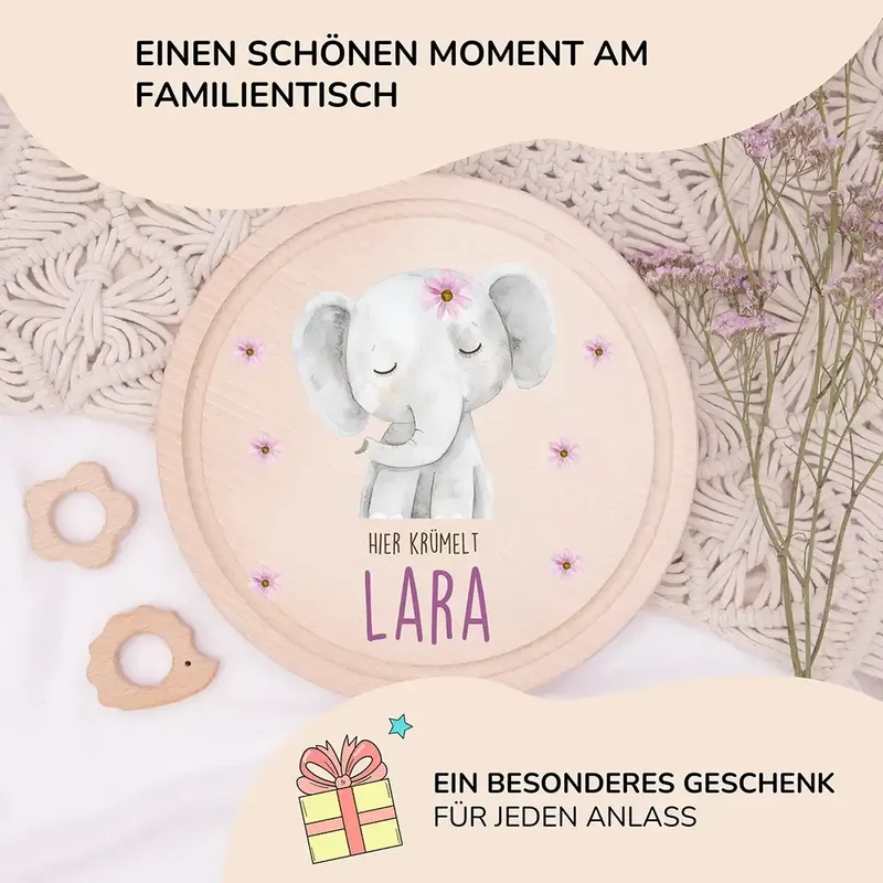 Rundes personalisiertes Frühstücksbrettchen Elefant Pünktchen mit Namen für Kinder