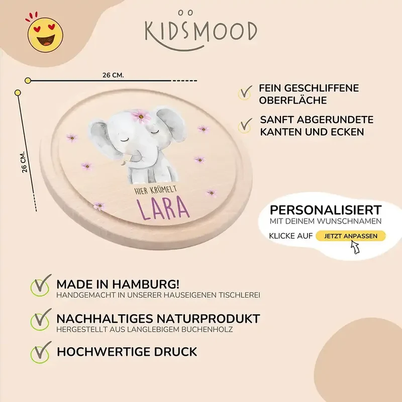 Rundes personalisiertes Frühstücksbrettchen Elefant Pünktchen mit Namen für Kinder