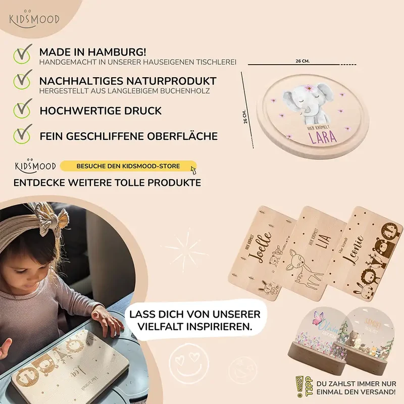 Rundes personalisiertes Frühstücksbrettchen Elefant Pünktchen mit Namen für Kinder