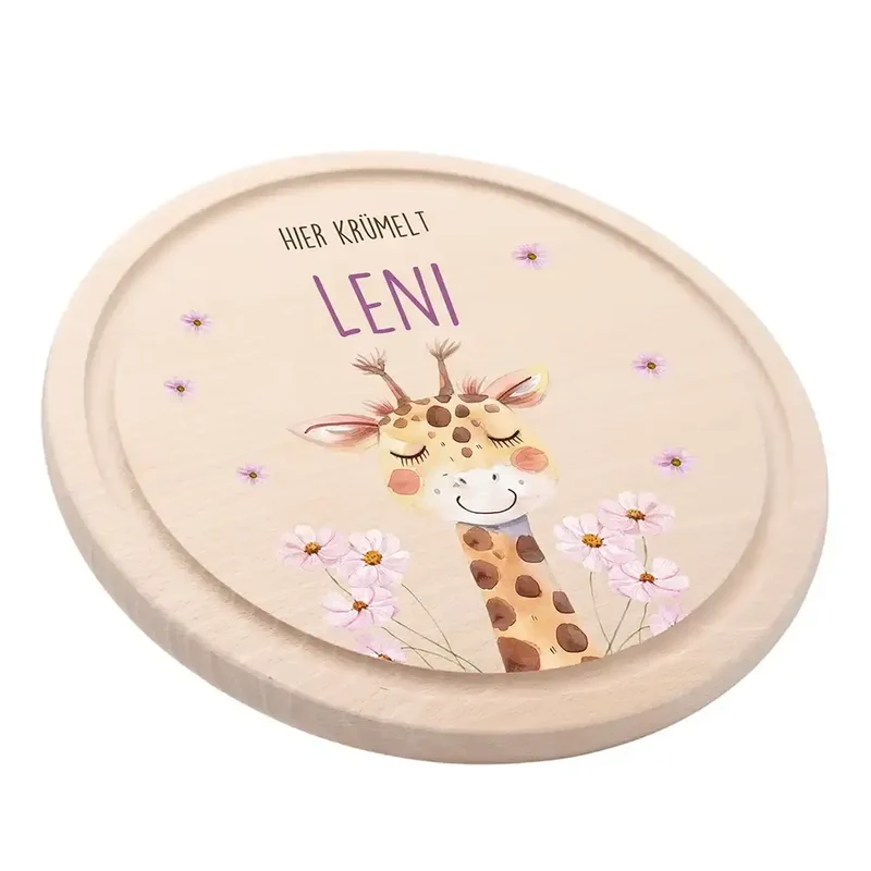 Rundes personalisiertes Frühstücksbrettchen Giraffe mit Namen für Kinder