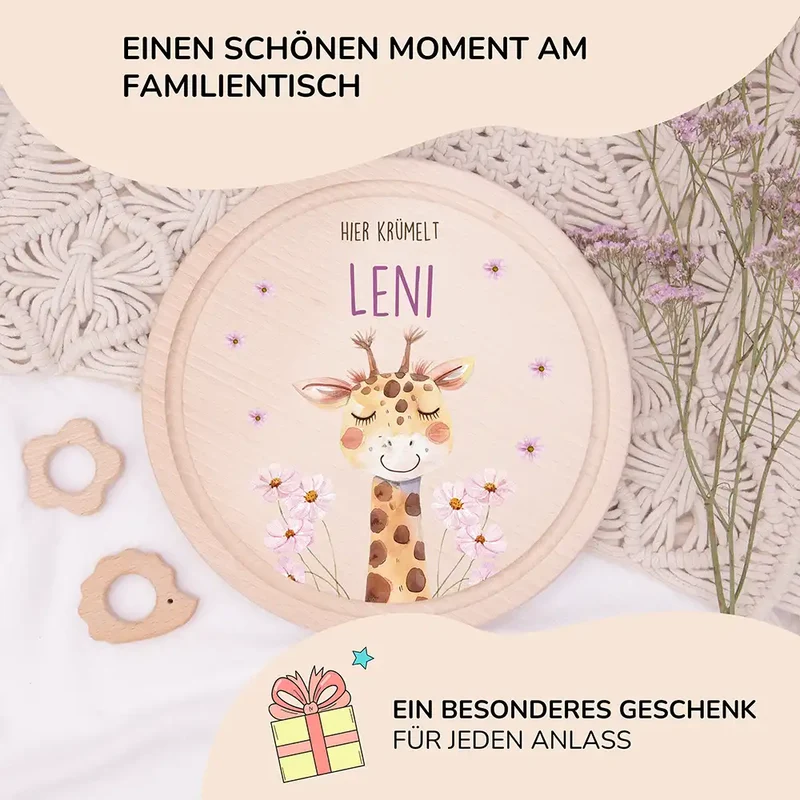 Rundes personalisiertes Frühstücksbrettchen Giraffe mit Namen für Kinder