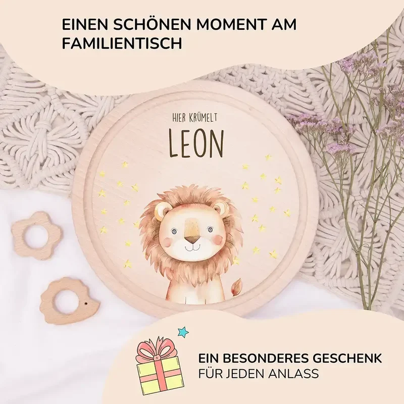 Rundes personalisiertes Frühstücksbrettchen Löwe mit Namen für Kinder