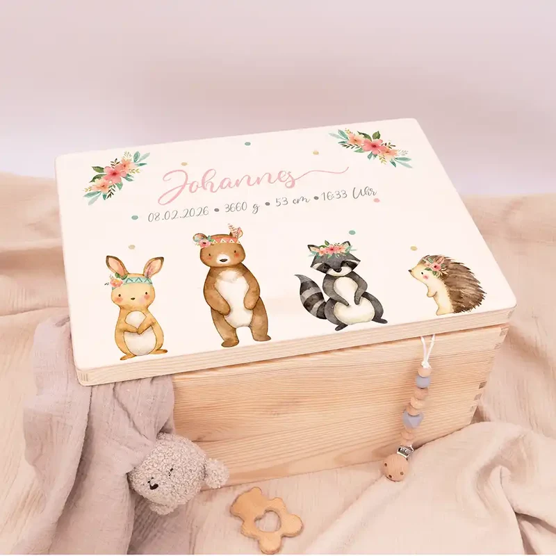Personalisierte Erinnerungskiste Woodland Tierfamilie