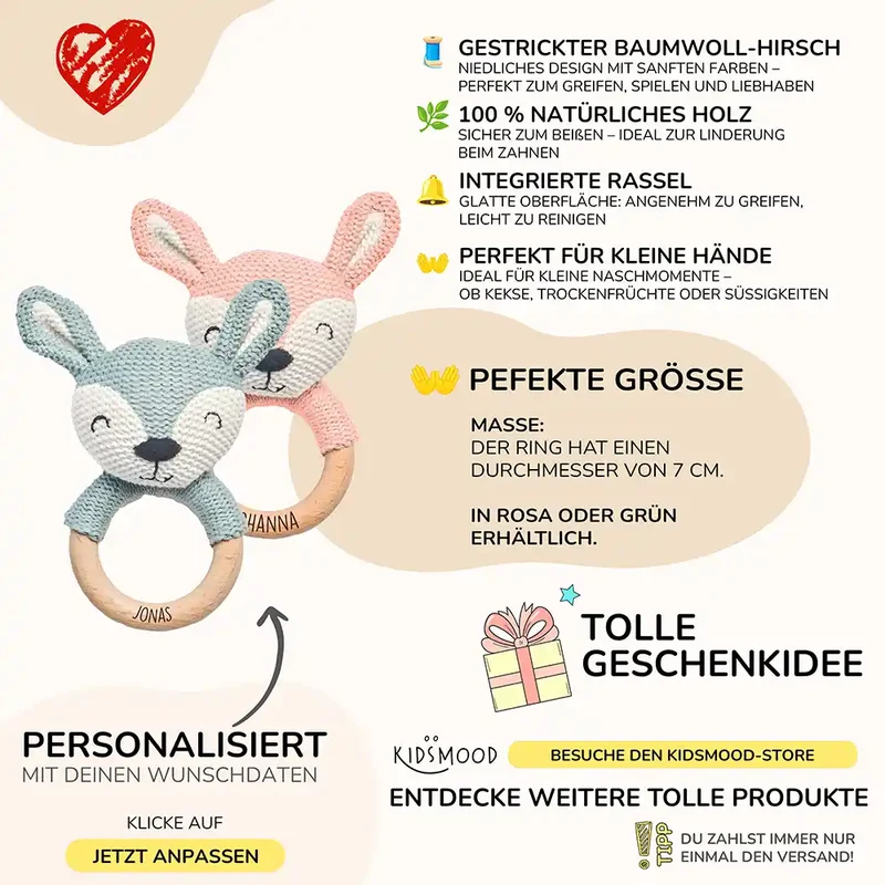 Baby Beißring mit Hirsch - Rosa/Blau Ø 7cm - Zahnen leicht gemacht