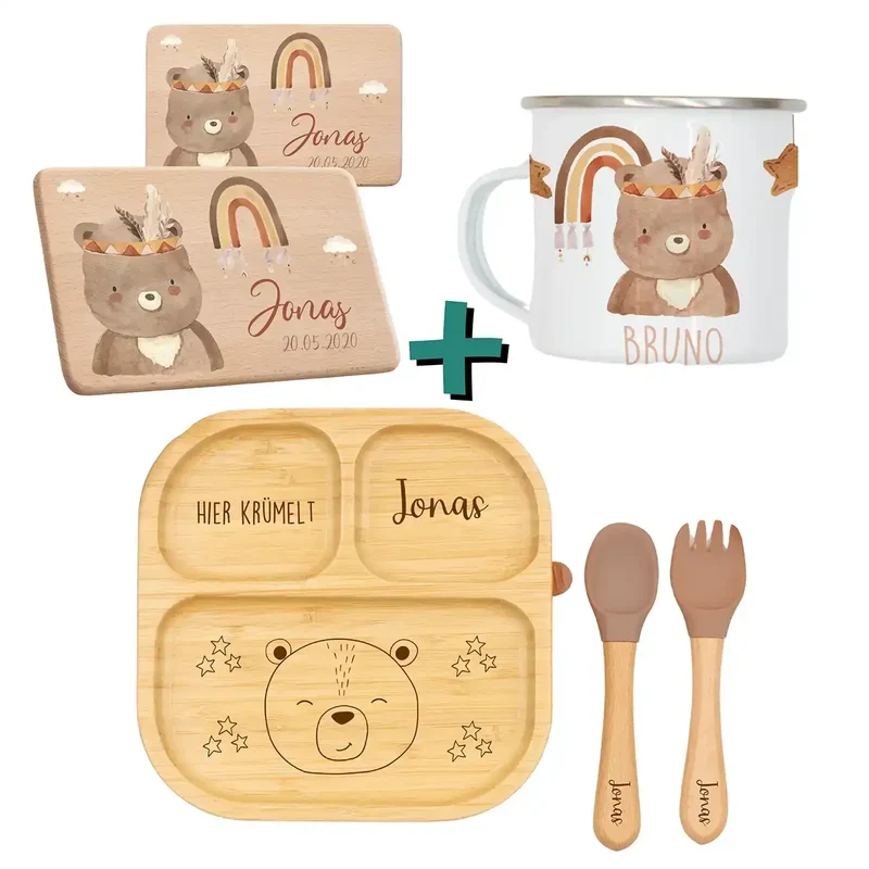 Frühstücks-Starter Set - Boho Bär: Tasse, Brettchen und Kinderteller