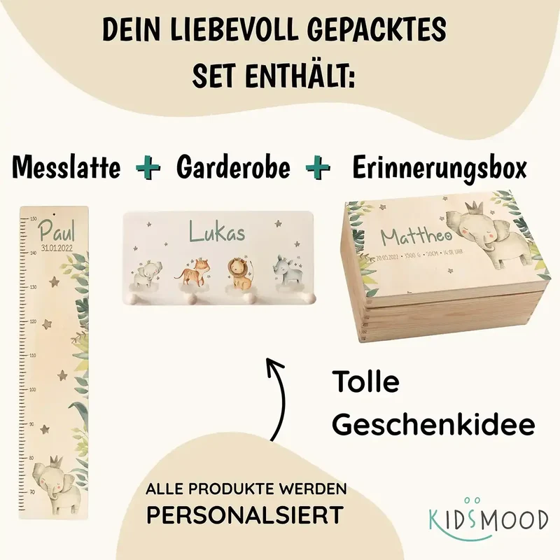 Erste Schritte Bundle - Boho Löwe: Messlatte, Kindergarderobe, Erinnerungsbox
