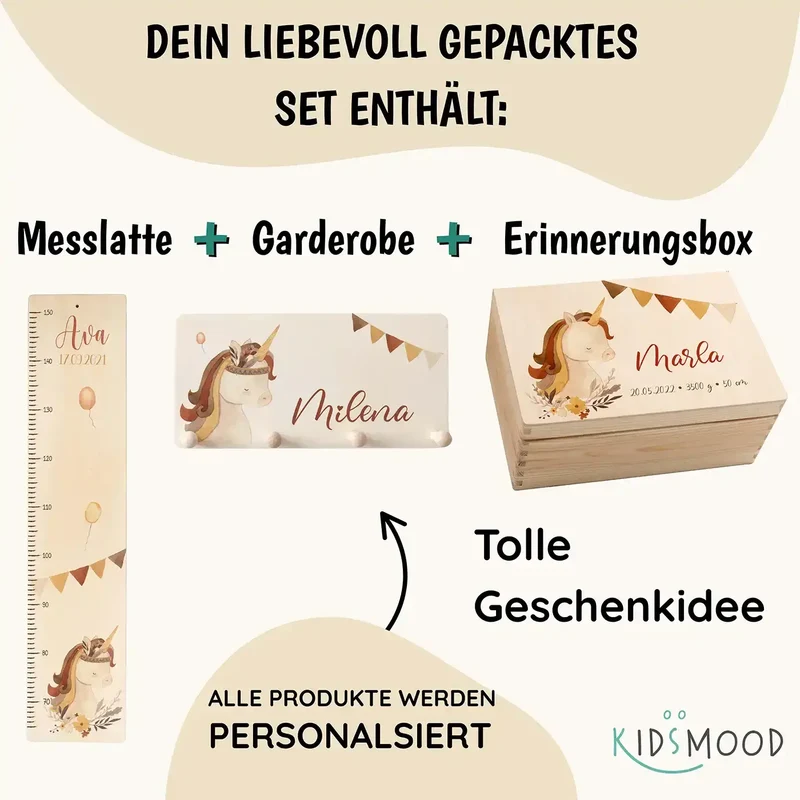 Erste Schritte Bundle - Boho Einhorn: Messlatte, Kindergarderobe, Erinnerungsbox