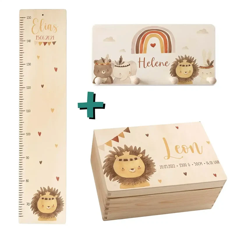 Erste Schritte Bundle - Boho Löwe: Messlatte, Kindergarderobe, Erinnerungsbox